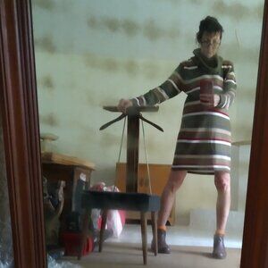 Mod Striped Green Earthtones Knit Cowl Neck Long Sleeve Midi Dress Sz L